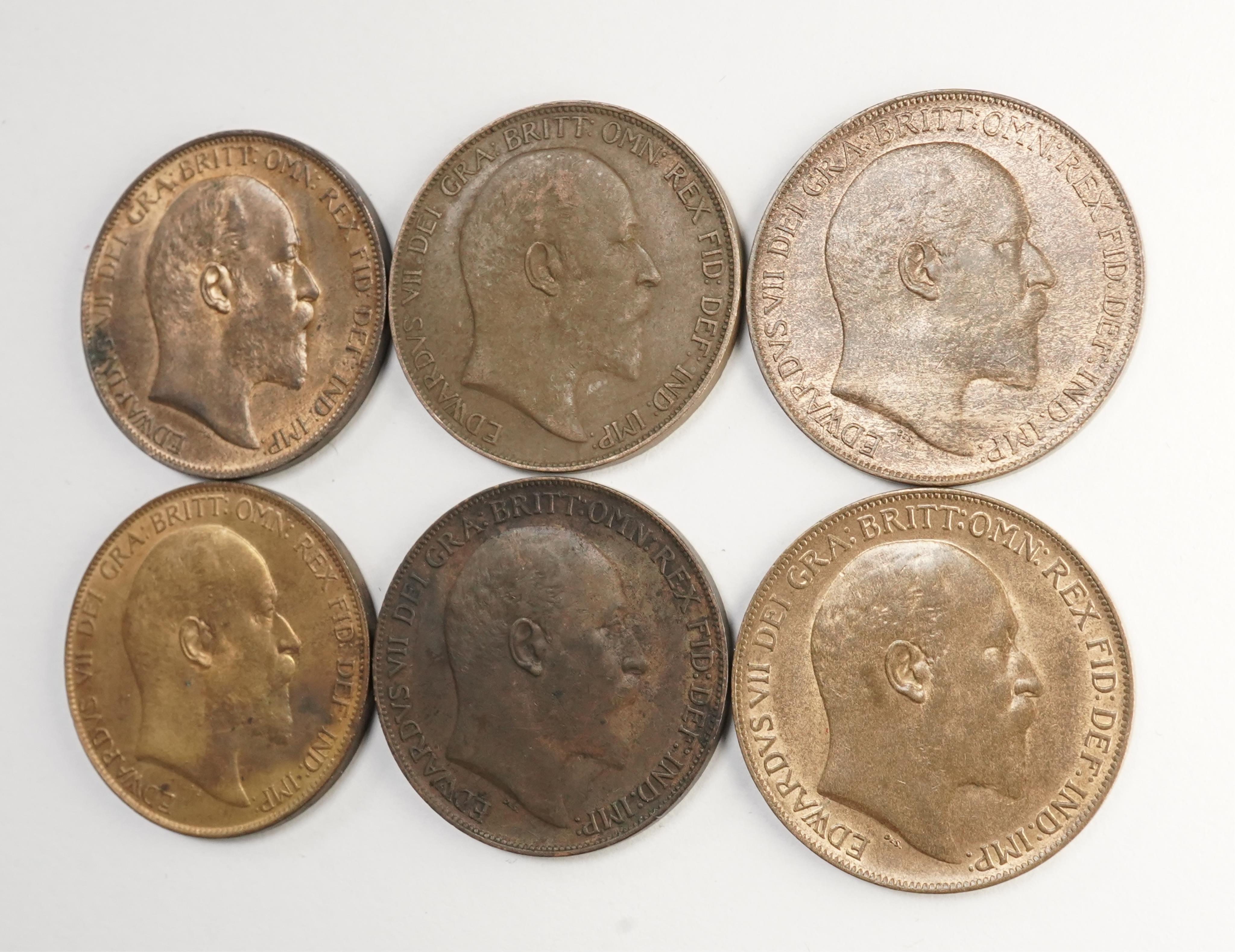 British coins, Edward VII, six bronze pennies;, 1903, about EF, lustre, 1904, VF, lustre, 1905, good fine, dark toned, two 1908, both VF, one dark toned the other lustrous, 1909, about VF, toning and lustre